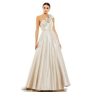 Metallic Gold Brocade | One Shoulder Ball Gown |  Pockets | Bow | 67890 | Size 6
